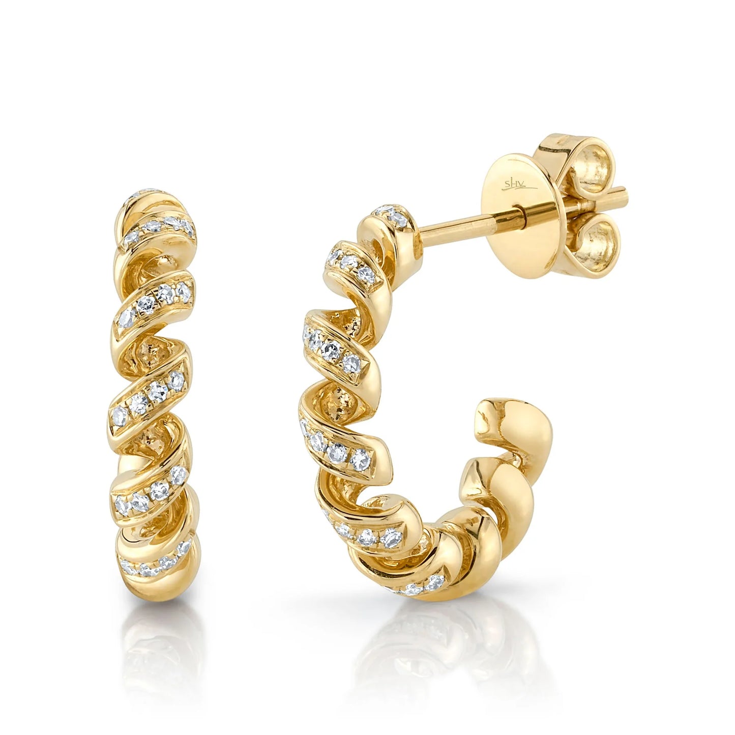 14k Yellow Gold Spiral with Diamond Huggies