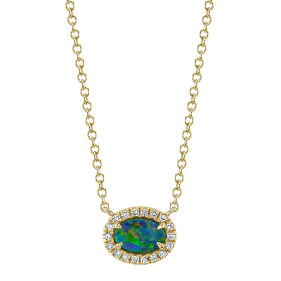 14K Yellow Gold Diamond Opal Pendant Necklace